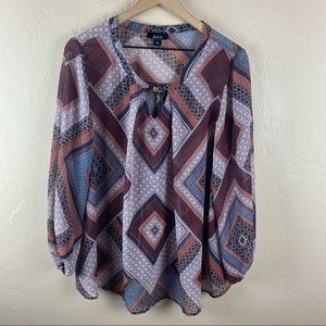Alyx brown Geometric Pattern Sheer Blouse Keyhole Neckline Gold Hardware 0X XXL